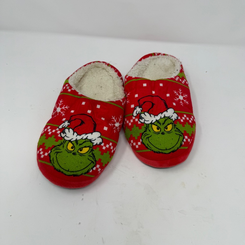 The‎ Grinch Christmas Red Slippers Kids XS/6 Holiday Winter Loungewear